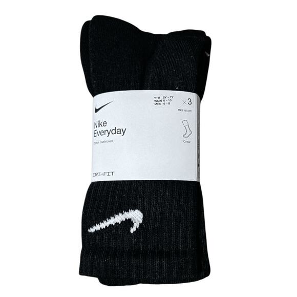 Nike Everyday Cushion Crew Socks | 3 Pairs | Black/White | Size Medium - Picture 1 of 5